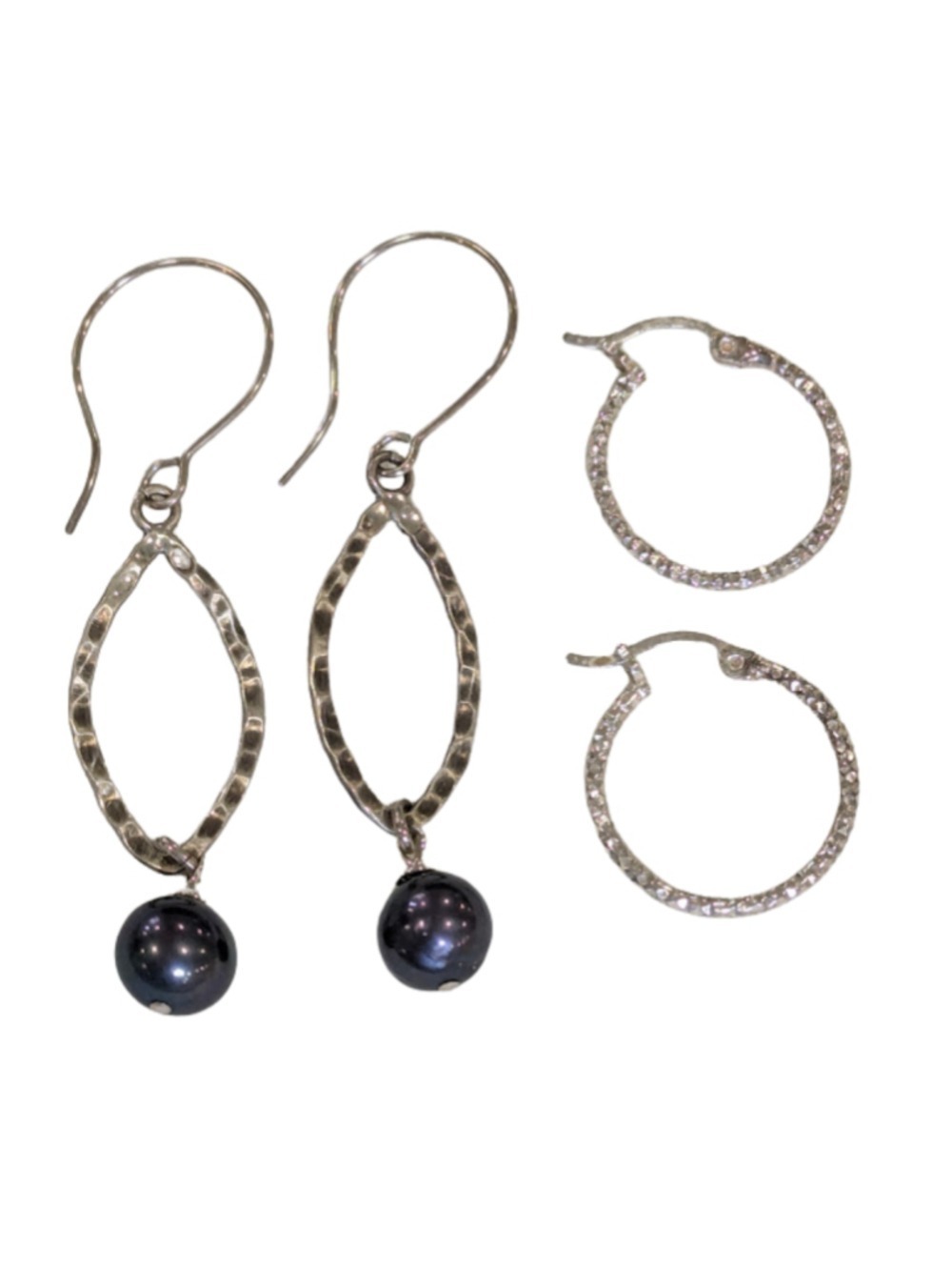 Silver Hoop & Hammered Pearl Drop Earrings Set Quiet Luxury Minimalist Chic